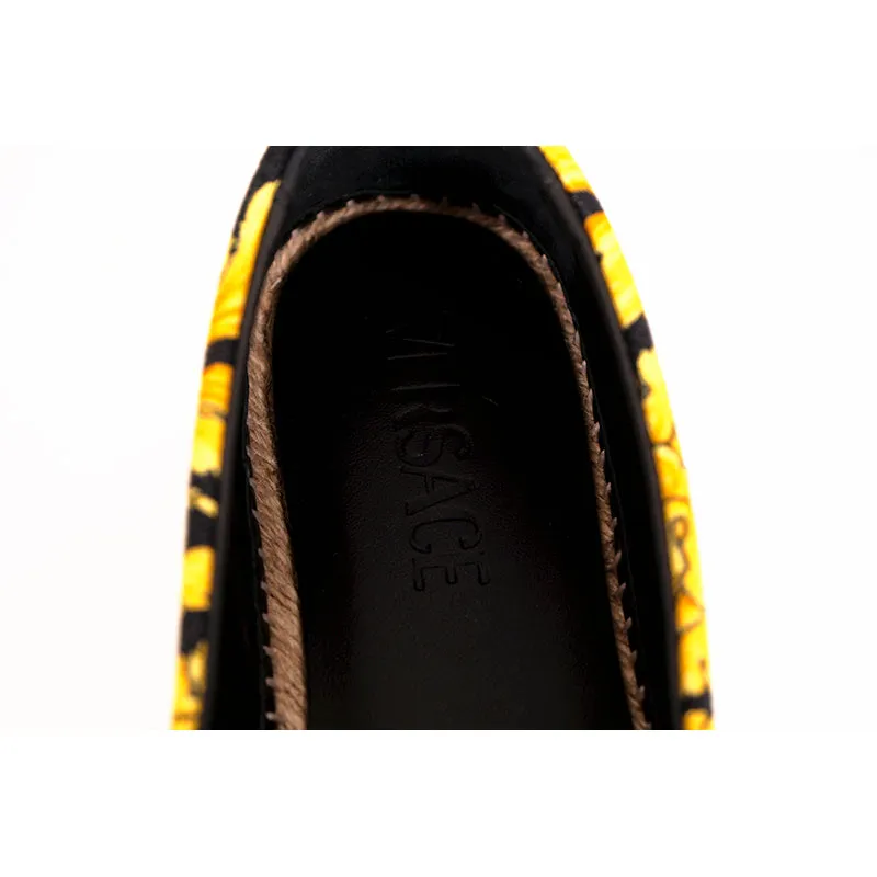37/38 NEW $550 VERSACE Black Yellow CLASSIC ST BAROCCO LOGO Espadrille SUMMER FLATS
