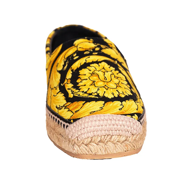 37/38 NEW $550 VERSACE Black Yellow CLASSIC ST BAROCCO LOGO Espadrille SUMMER FLATS