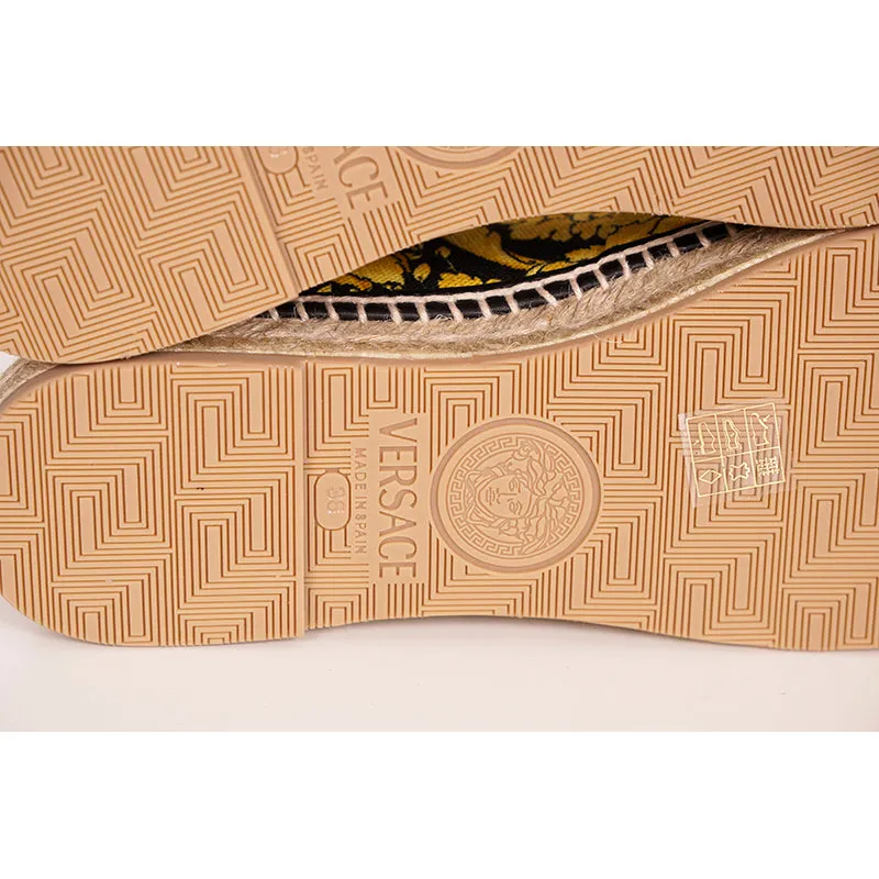 37/38 NEW $550 VERSACE Black Yellow CLASSIC ST BAROCCO LOGO Espadrille SUMMER FLATS