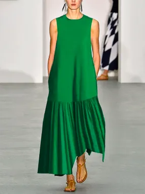 A-Line Loose Solid Color Split-Joint Round-Neck Maxi Dresses L 115339