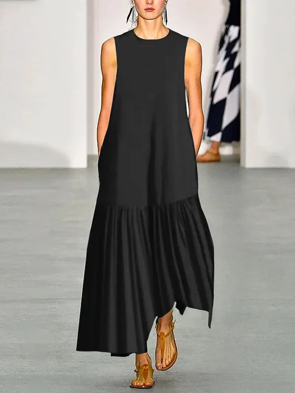 A-Line Loose Solid Color Split-Joint Round-Neck Maxi Dresses L 115339
