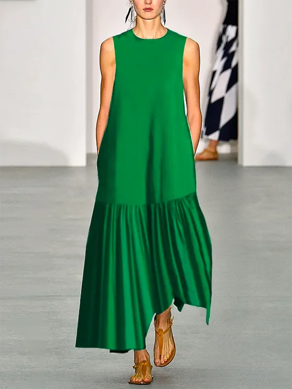 A-Line Loose Solid Color Split-Joint Round-Neck Maxi Dresses L 115339