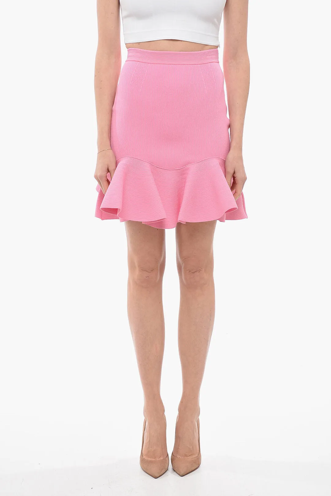 Alexander McQueen Ribbed Flared Skirt with Ruffles L Standard size