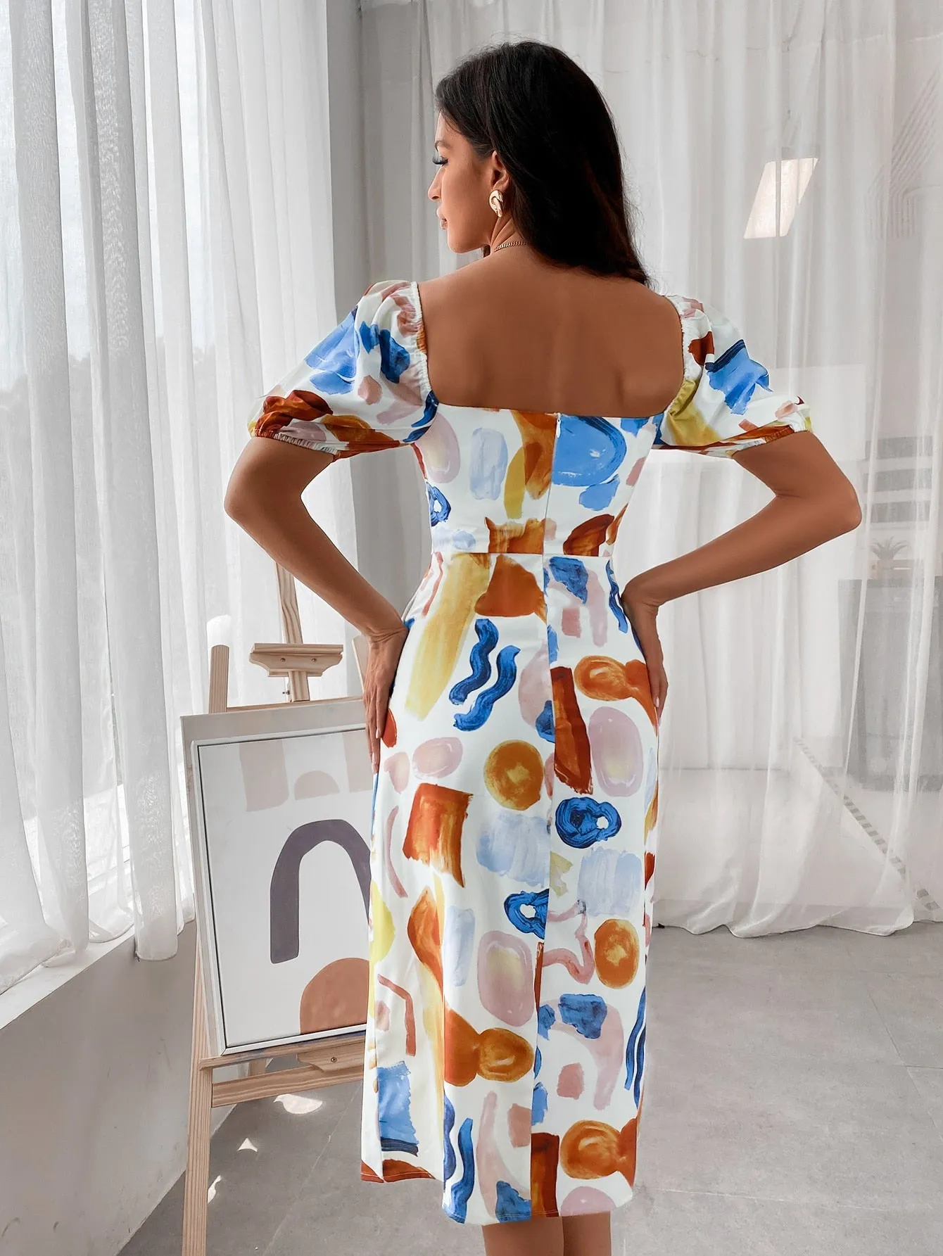 All Over Print Wrap Short Sleeve Sweetheart Wrap High Waist Midi Dress