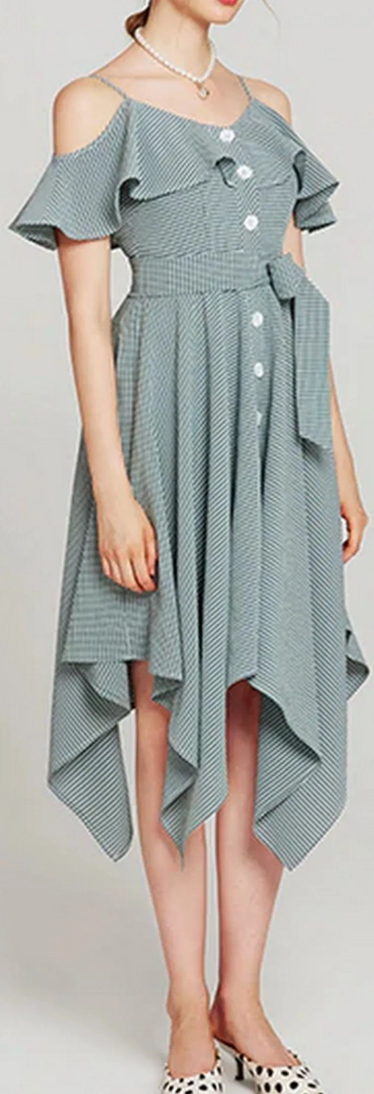 Asymmetrical Off-the-Shoulder Button-Down Ruffle Dress