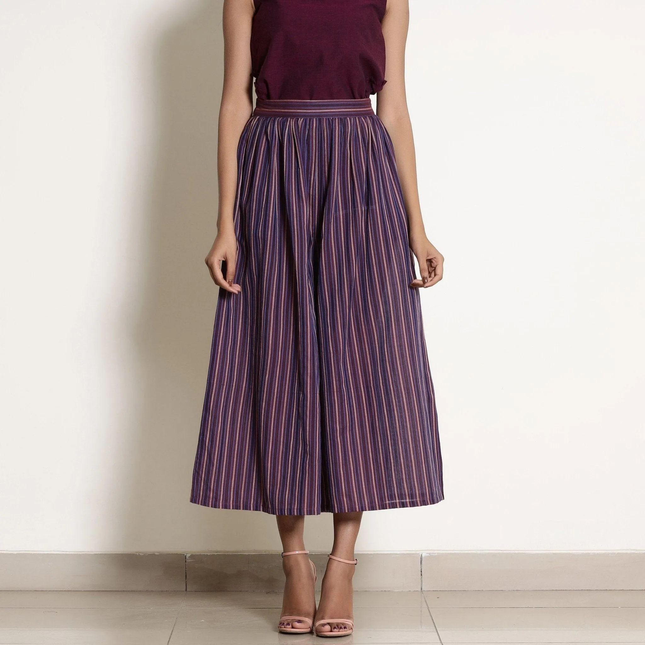 Berry Wine Striped Cotton Elasticated Flared Culottes