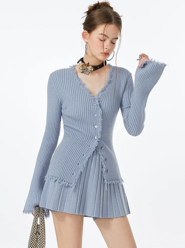 Blue Skirt Ribbed Cardigan Ice Top Flared