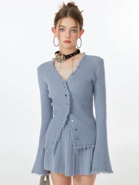 Blue Skirt Ribbed Cardigan Ice Top Flared