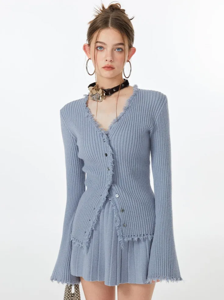 Blue Skirt Ribbed Cardigan Ice Top Flared