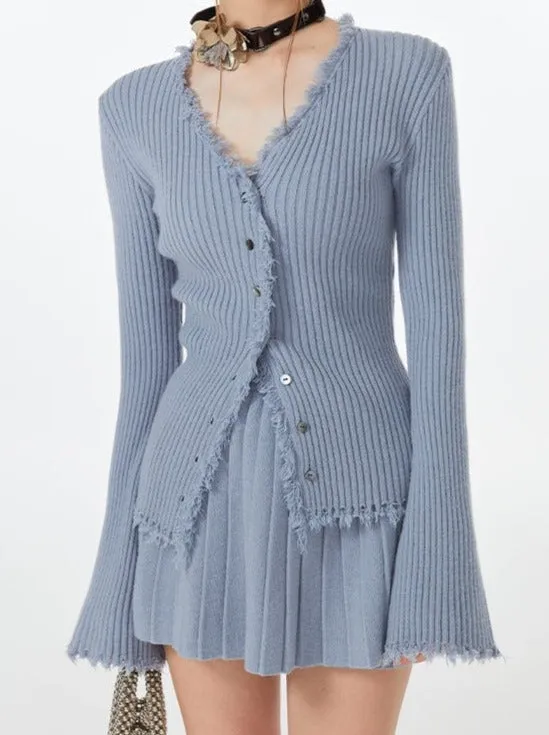 Blue Skirt Ribbed Cardigan Ice Top Flared