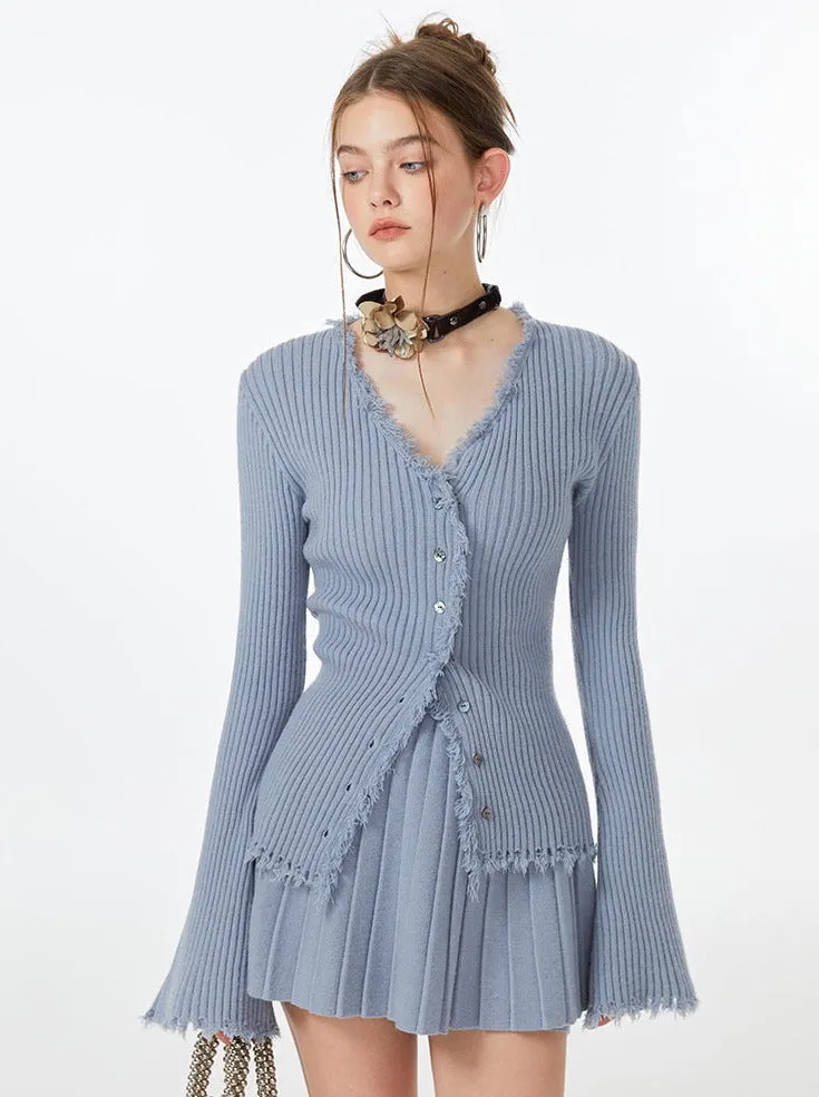 Blue Skirt Ribbed Cardigan Ice Top Flared