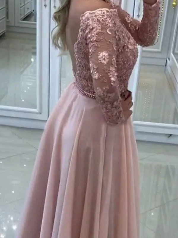Bridelily A-Line Bateau Long Sleeves Floor-Length Lace Chiffon Dresses