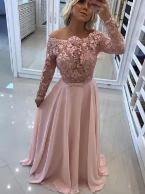 Bridelily A-Line Bateau Long Sleeves Floor-Length Lace Chiffon Dresses