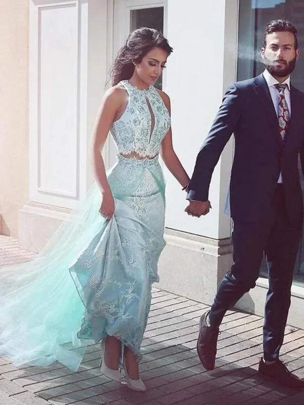 Bridelily A-Line Halter Sleeveless Sweep/Brush Train Lace Tulle Two Piece Dresses