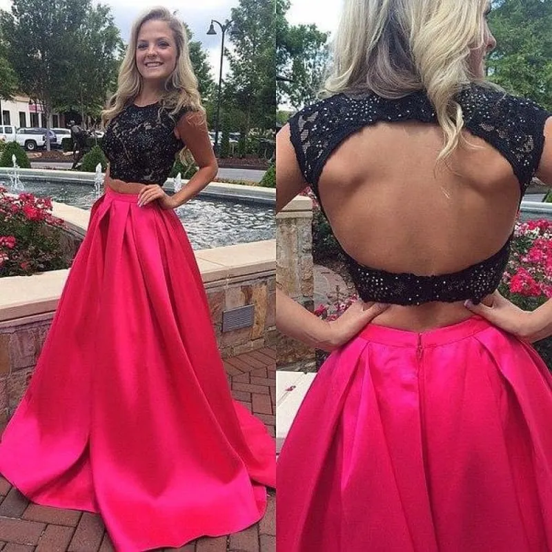Bridelily A-Line Halter Two Piece Prom Dress Black Lace Beading Formal Occasion Dresses CE0164