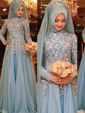 Bridelily A-Line High Neck Long Sleeves Floor-Length With Beading Chiffon Dresses