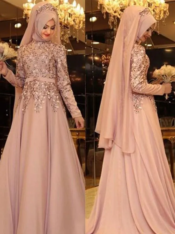 Bridelily A-Line High Neck Long Sleeves Floor-Length With Beading Chiffon Dresses