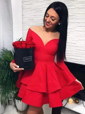 Bridelily A-Line Satin Off-the-Shoulder With Ruffles Long Sleeves Short/Mini Dresses