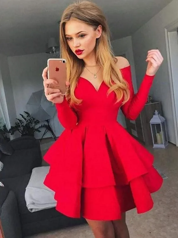 Bridelily A-Line Satin Off-the-Shoulder With Ruffles Long Sleeves Short/Mini Dresses