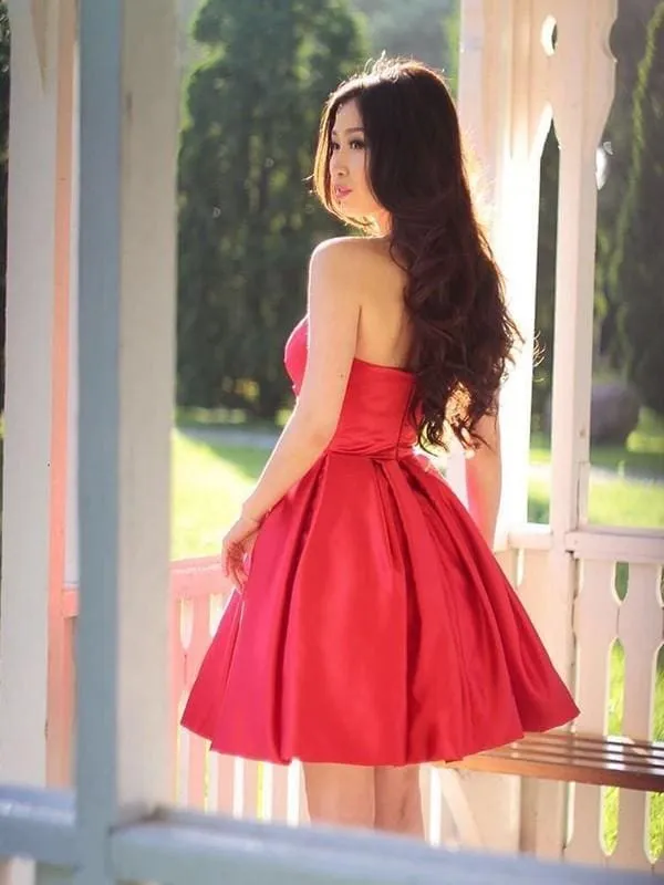 Bridelily A-Line Satin Ruffles Sweetheart Sleeveless Short/Mini Dresses