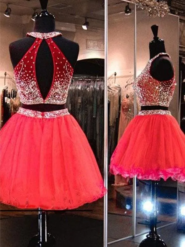 Bridelily A-Line Sleeveless Halter Tulle With Beading Short/Mini Two Piece Prom Dresses
