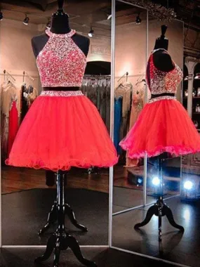 Bridelily A-Line Sleeveless Halter Tulle With Beading Short/Mini Two Piece Prom Dresses