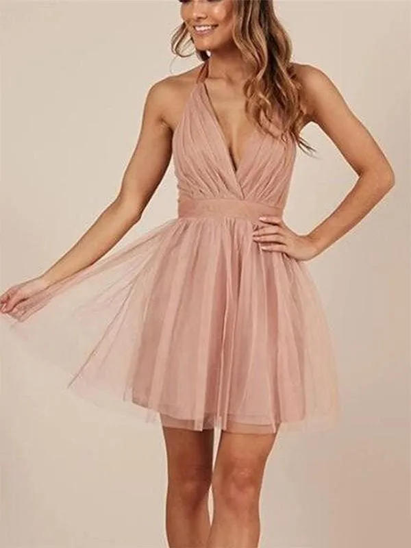 Bridelily A-Line Sleeveless Halter Tulle With Ruffles Short/Mini Dresses