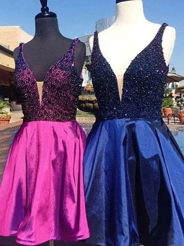 Bridelily A-Line Sleeveless V-neck Satin With Beading Short/Mini Dresses