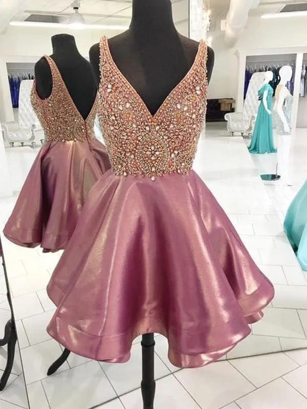 Bridelily A-Line Sleeveless V-neck Satin With Beading Short/Mini Prom Dresses