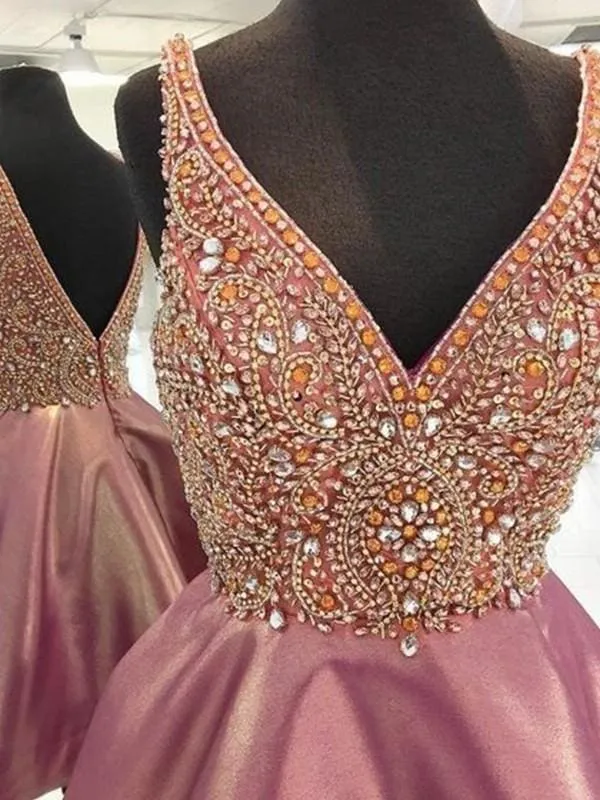 Bridelily A-Line Sleeveless V-neck Satin With Beading Short/Mini Prom Dresses