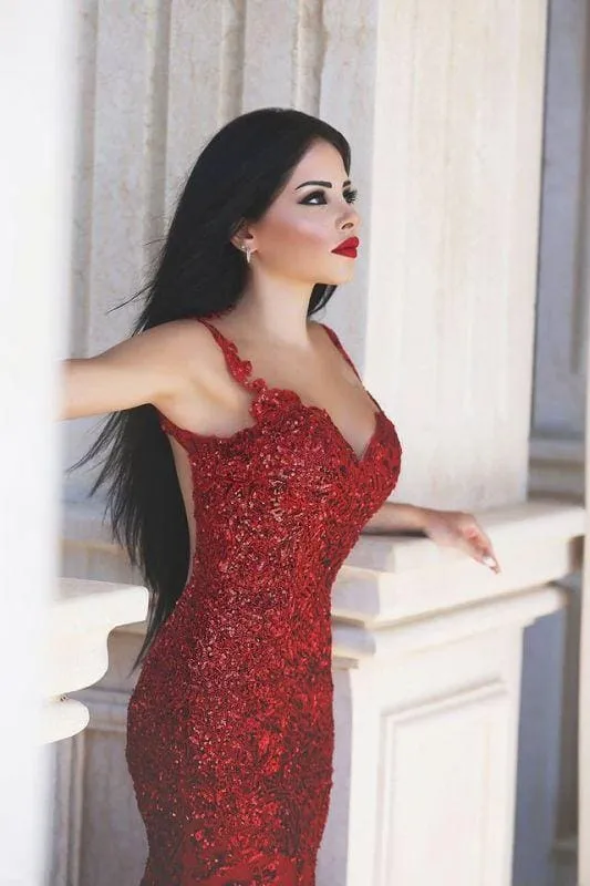 Bridelily Red Sexy Crystal Mermaid Evening Dress Vintage Spaghetti Strap Tulle Long Formal Occasion Dress