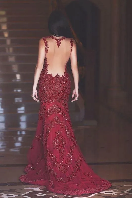Bridelily Red Sexy Crystal Mermaid Evening Dress Vintage Spaghetti Strap Tulle Long Formal Occasion Dress