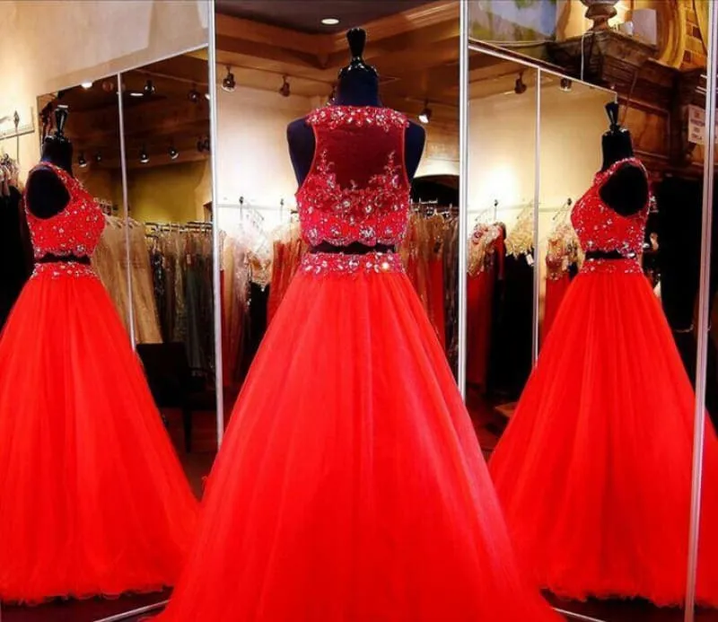 Bridelily Red Two-Pieces Prom Dresses 2019 Crop Top Ball Gown Gorgeous Pageant Dresses