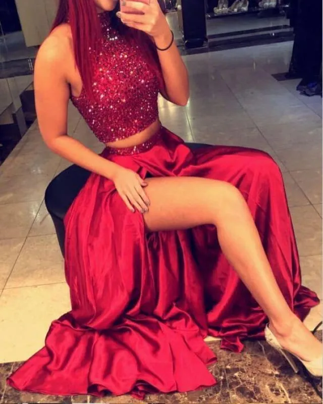 Bridelily Red Two Pieces Prom Dresses 2019 High Neck Beaded Thigh-High Slit Sexy Evening Gowns