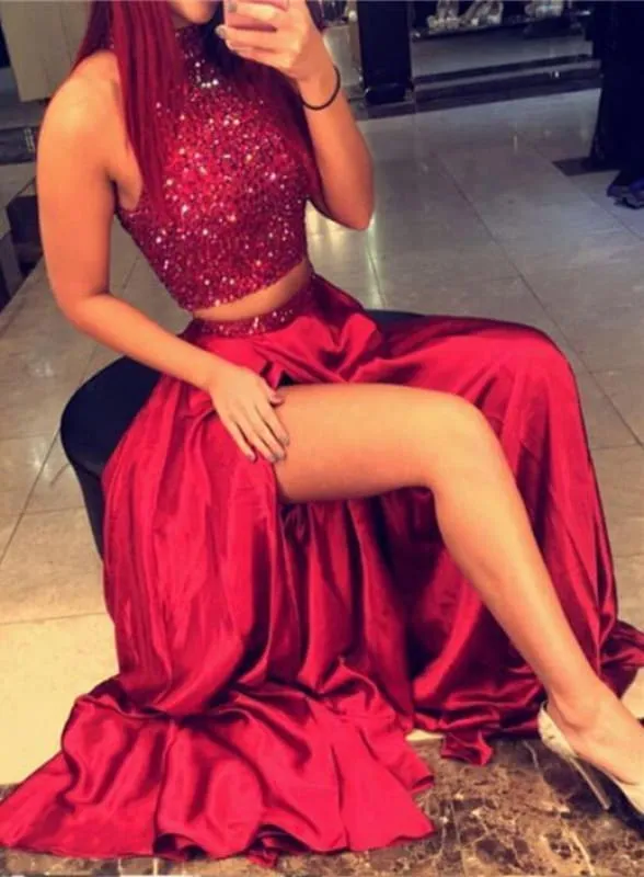 Bridelily Red Two Pieces Prom Dresses 2019 High Neck Beaded Thigh-High Slit Sexy Evening Gowns