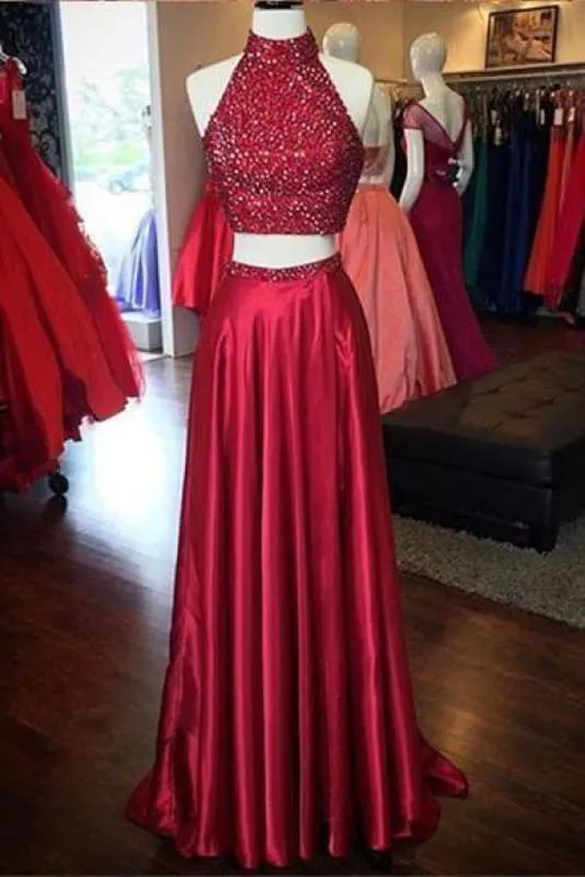 Bridelily Red Two Pieces Prom Dresses 2019 High Neck Beaded Thigh-High Slit Sexy Evening Gowns