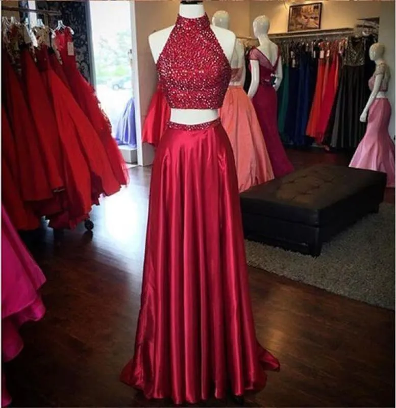 Bridelily Red Two Pieces Prom Dresses 2019 High Neck Beaded Thigh-High Slit Sexy Evening Gowns