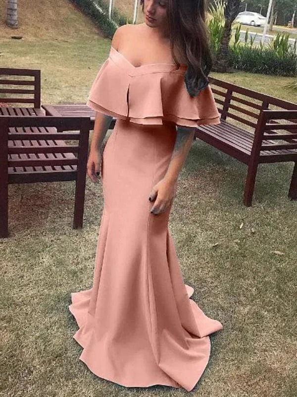 Bridelily Sheath Sleeveless Off-The-Shoulder Ruffles Satin Dresses