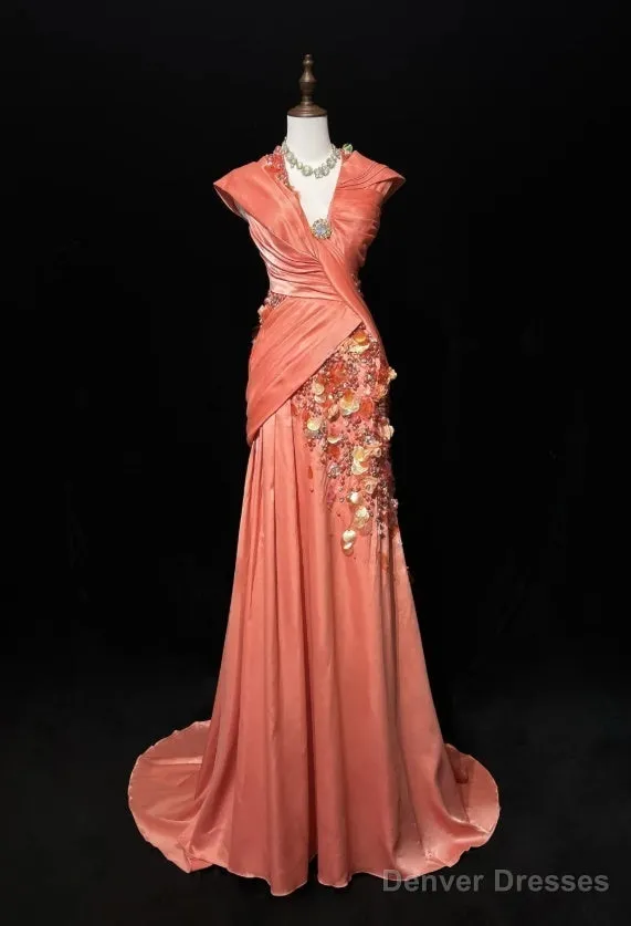Bright Orange Mermaid V-Neck Satin Beaded Long Prom Dress Sequined Evening Gown