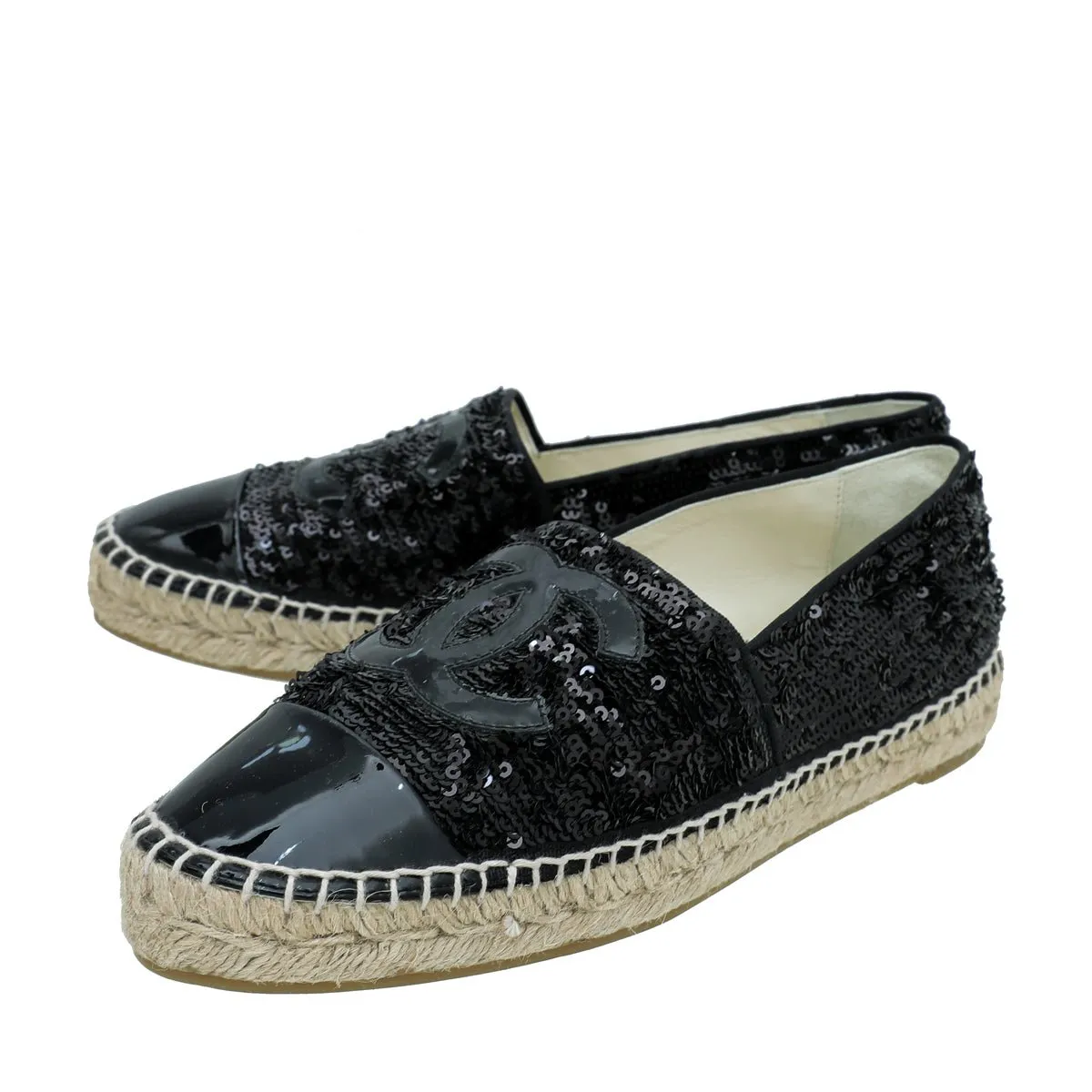 Chanel Black CC Cap Toe Sequin Espadrille 39