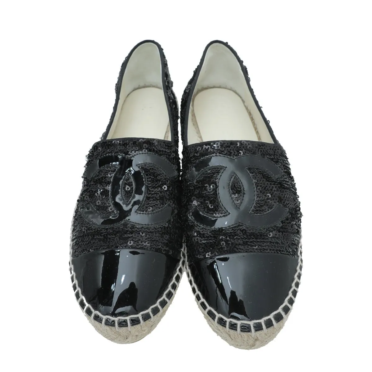Chanel Black CC Cap Toe Sequin Espadrille 39