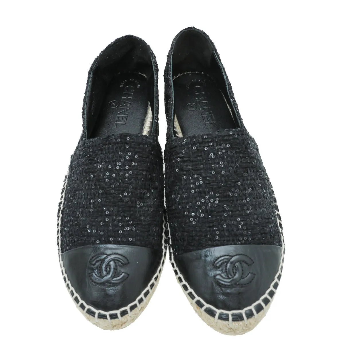 Chanel Black CC Cap Toe Sequin Tweed Espadrille 38