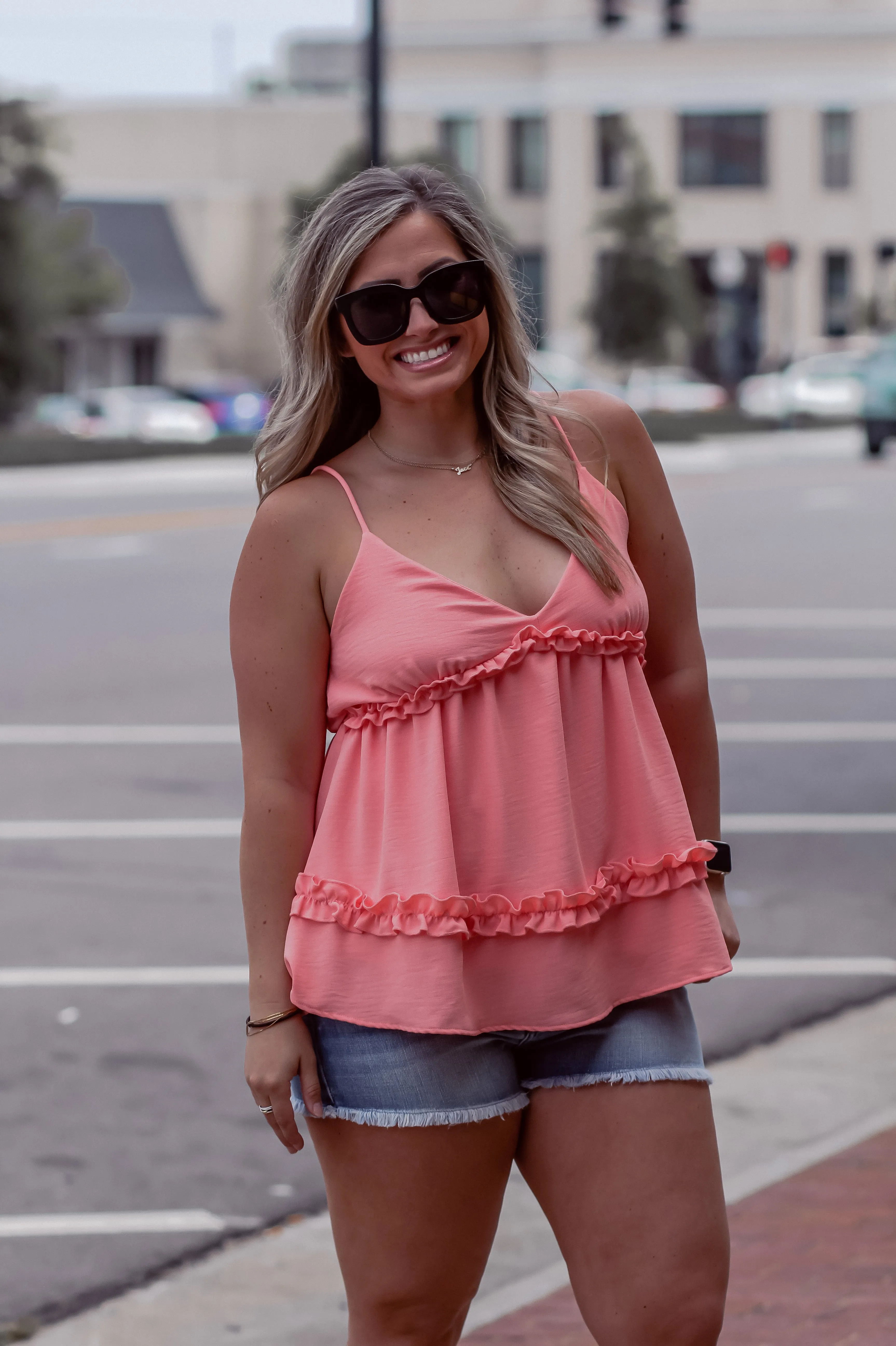 Coral Frilled Ruffle Spaghetti Strap Tank