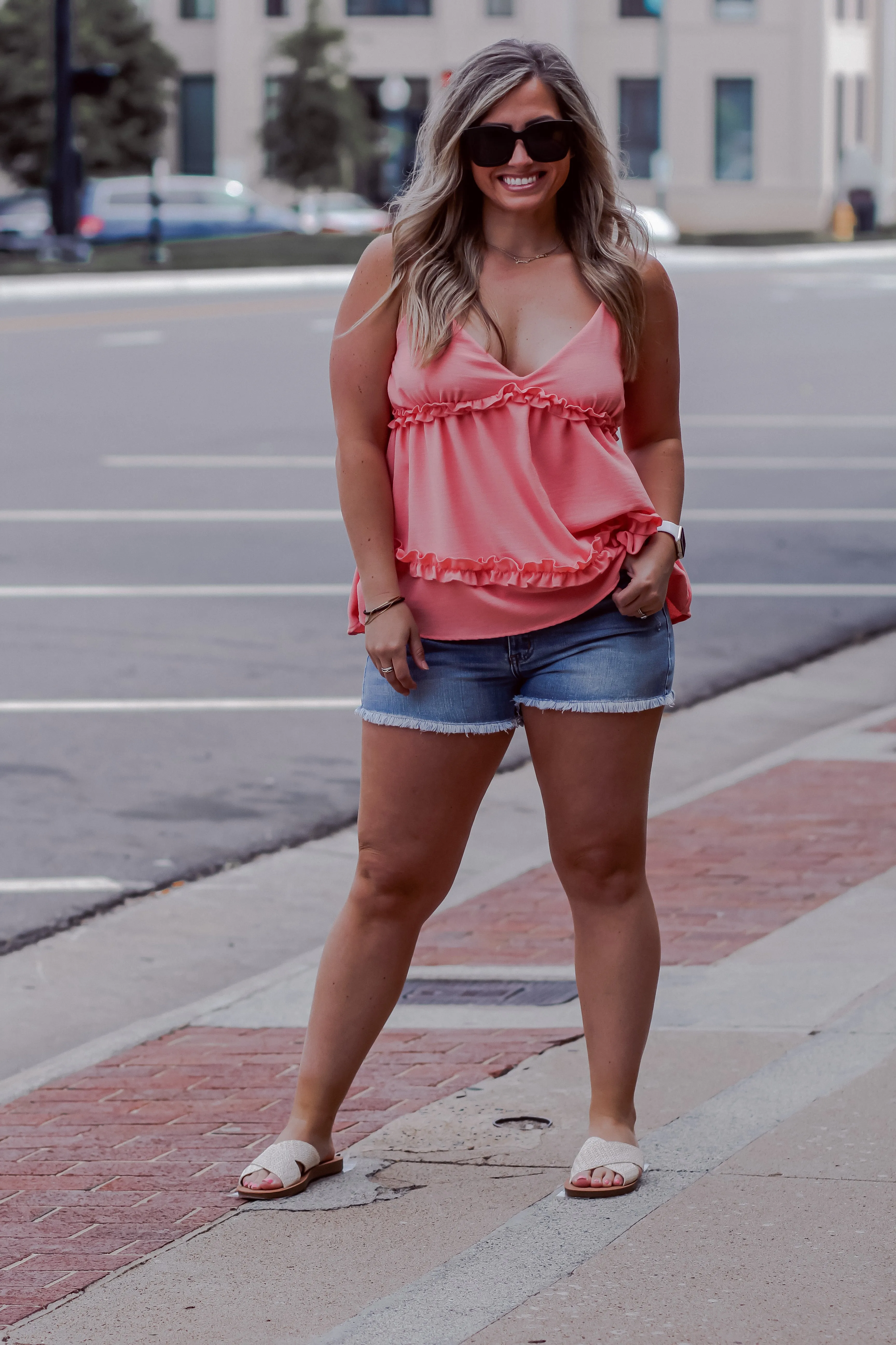 Coral Frilled Ruffle Spaghetti Strap Tank
