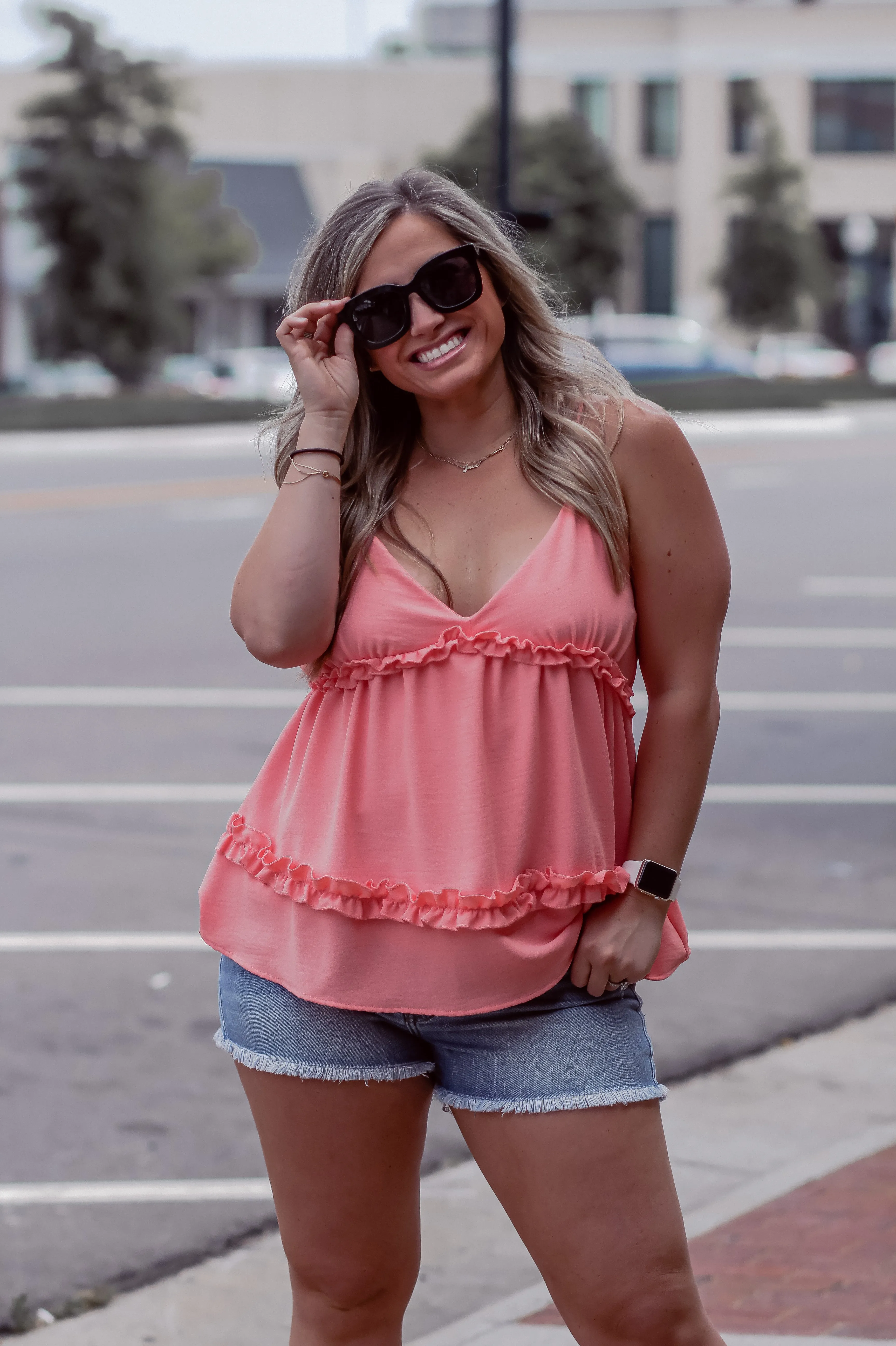 Coral Frilled Ruffle Spaghetti Strap Tank