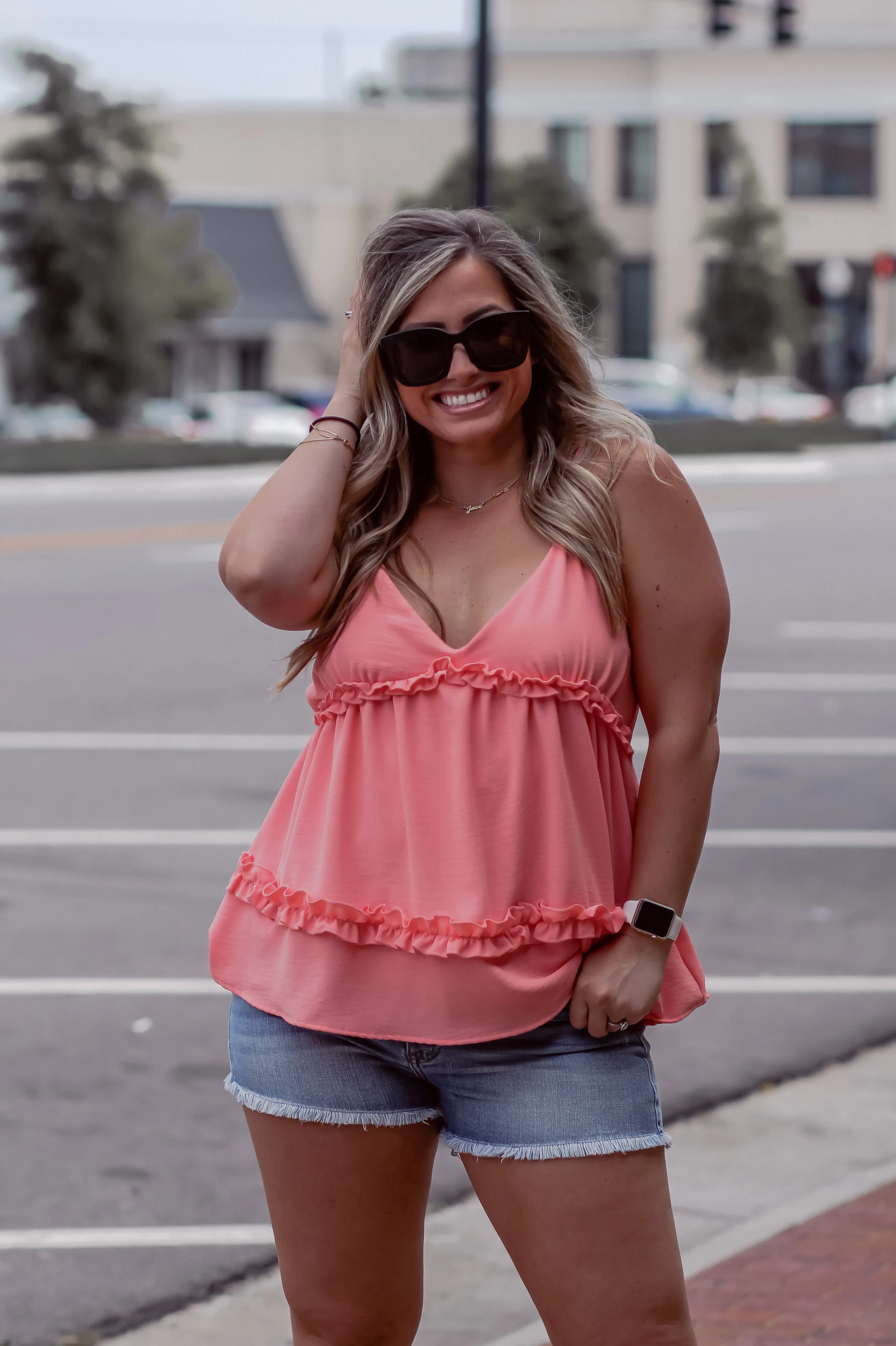 Coral Frilled Ruffle Spaghetti Strap Tank