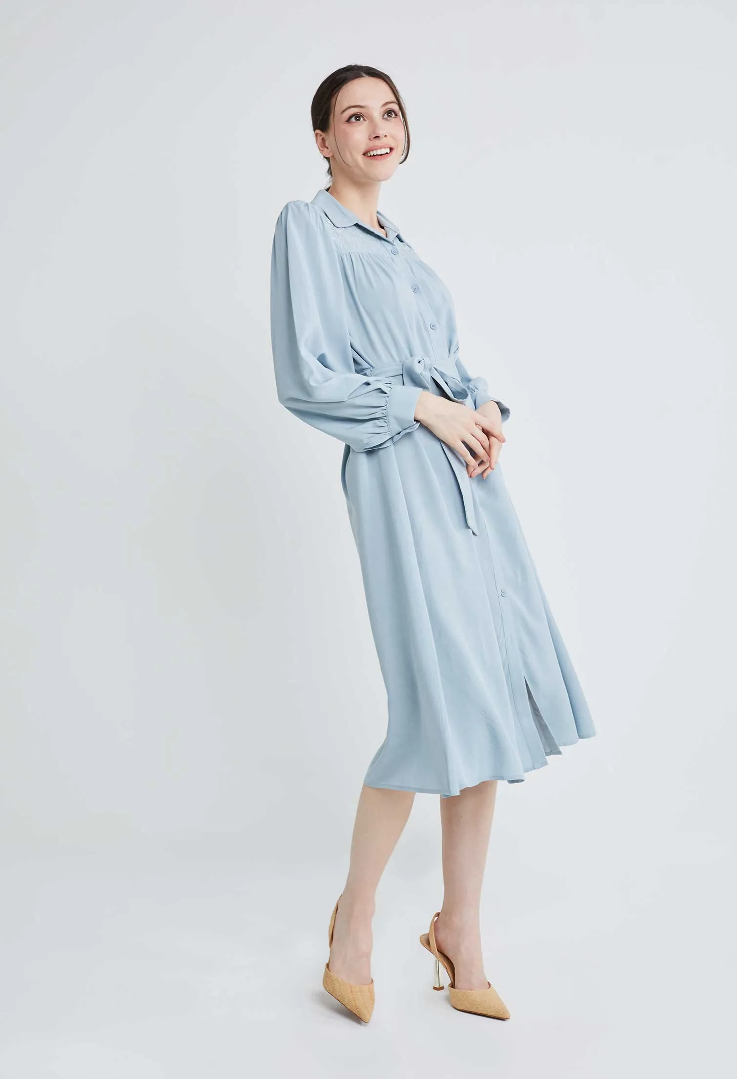 Embroidered Shoulder Button Down Dress