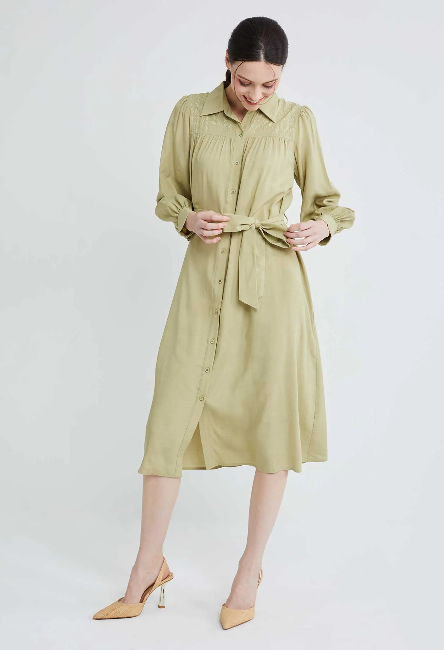 Embroidered Shoulder Button Down Dress