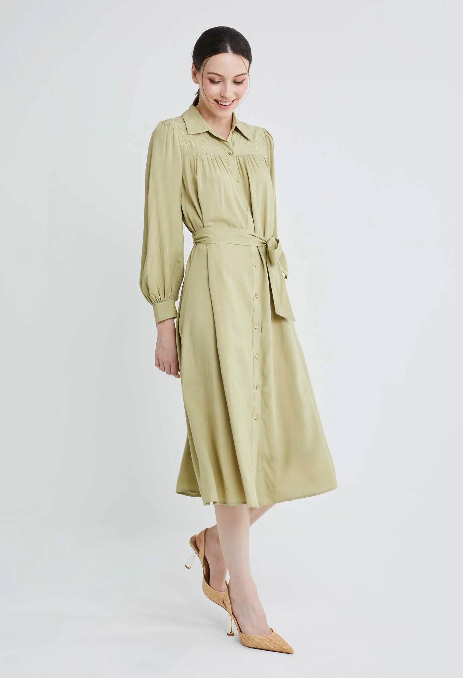Embroidered Shoulder Button Down Dress