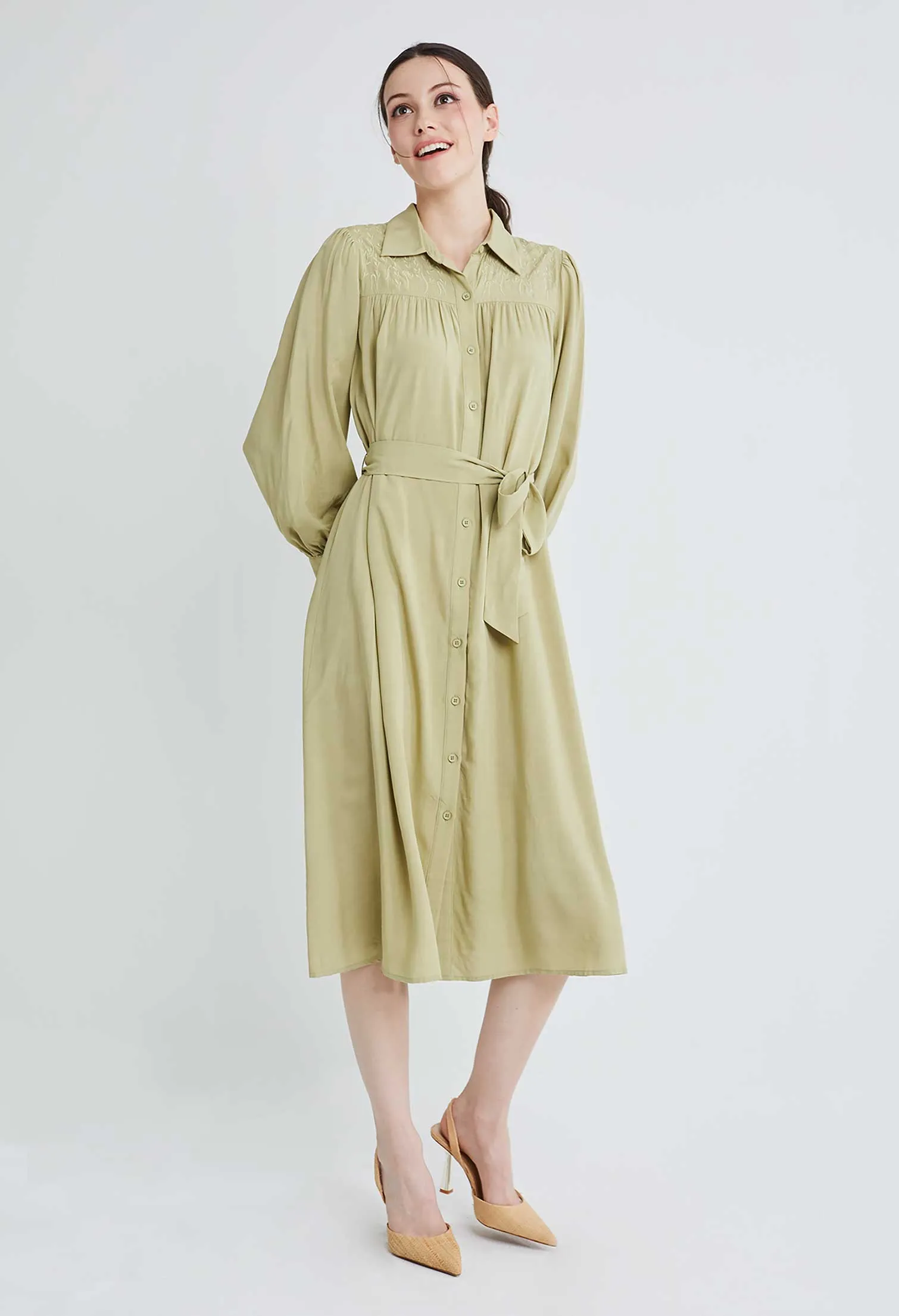 Embroidered Shoulder Button Down Dress